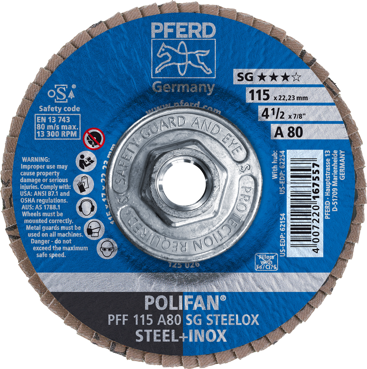 4-1/2" x 5/8-11 Thd. POLIFAN® Flap Disc, A SG STEELOX, Aluminum Oxide, 80 Grit, Flat